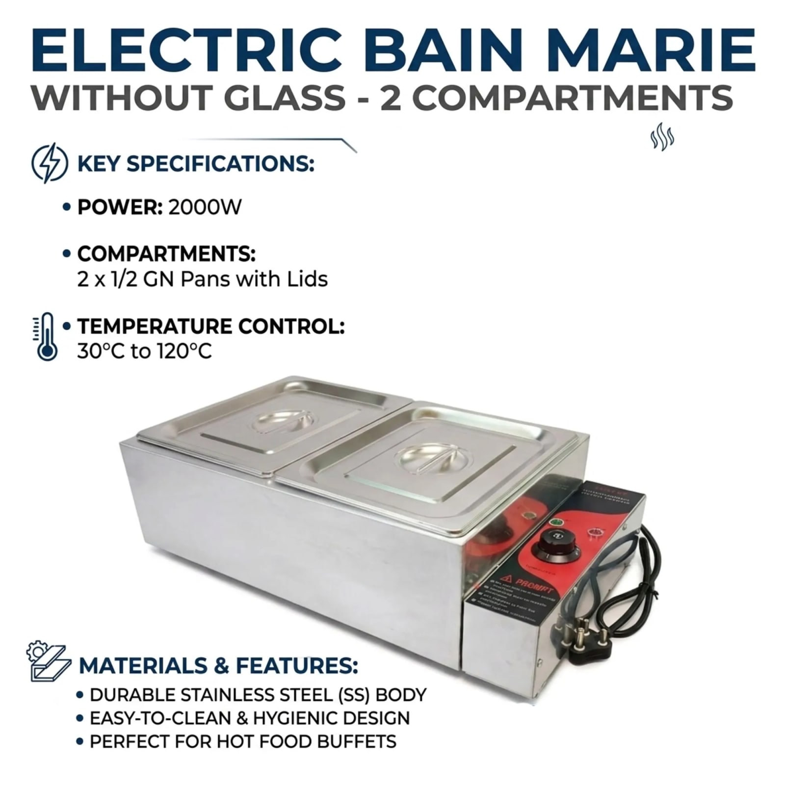 Electric Bain Marie without Glass - 2 Compartments (2 GN Pans of 1/2 150mm ~ 8.5L/Pan) — view 3