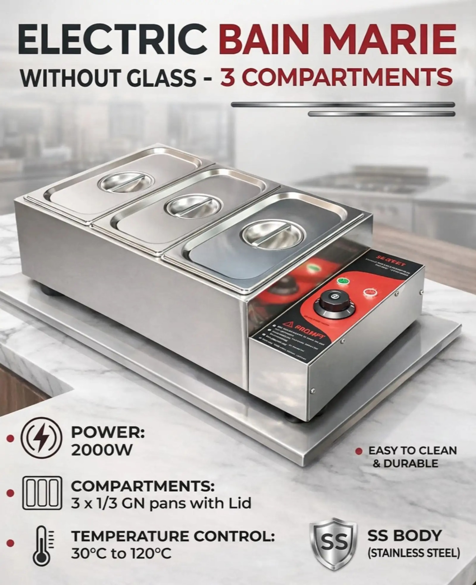 Electric Bain Marie without Glass - 3 Compartments (3 GN Pans of 1/3 150mm ~ 5.5L/Pan) — view 3