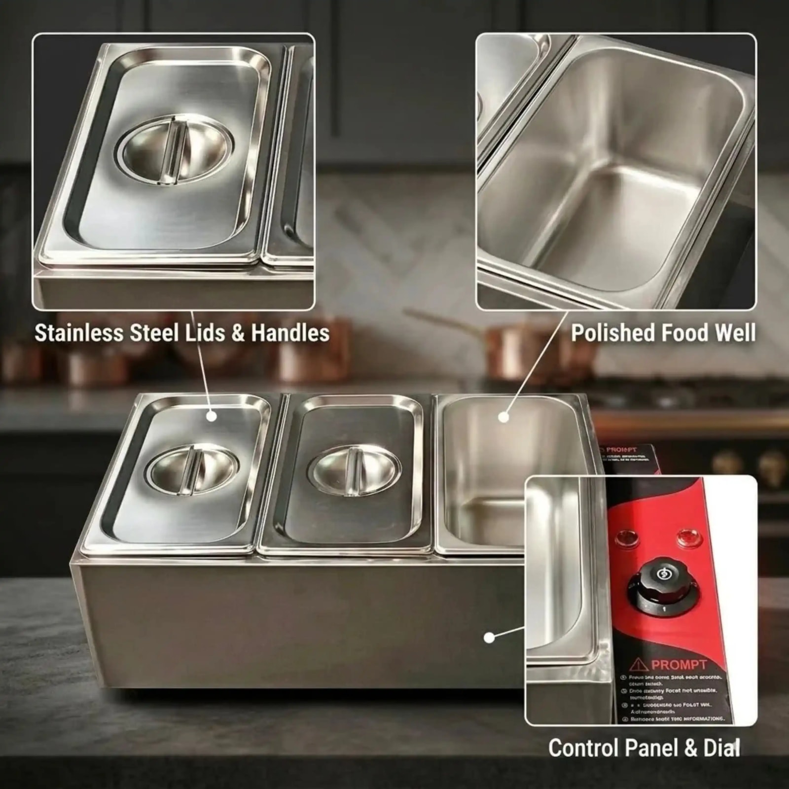 Electric Bain Marie without Glass - 3 Compartments (3 GN Pans of 1/3 150mm ~ 5.5L/Pan) — view 4