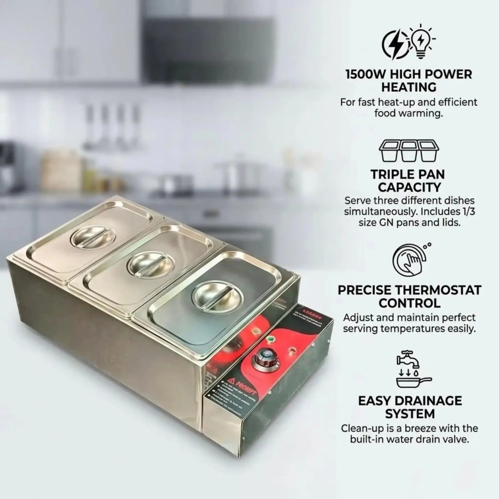 Electric Bain Marie without Glass - 3 Compartments (3 GN Pans of 1/3 150mm ~ 5.5L/Pan) — view 7