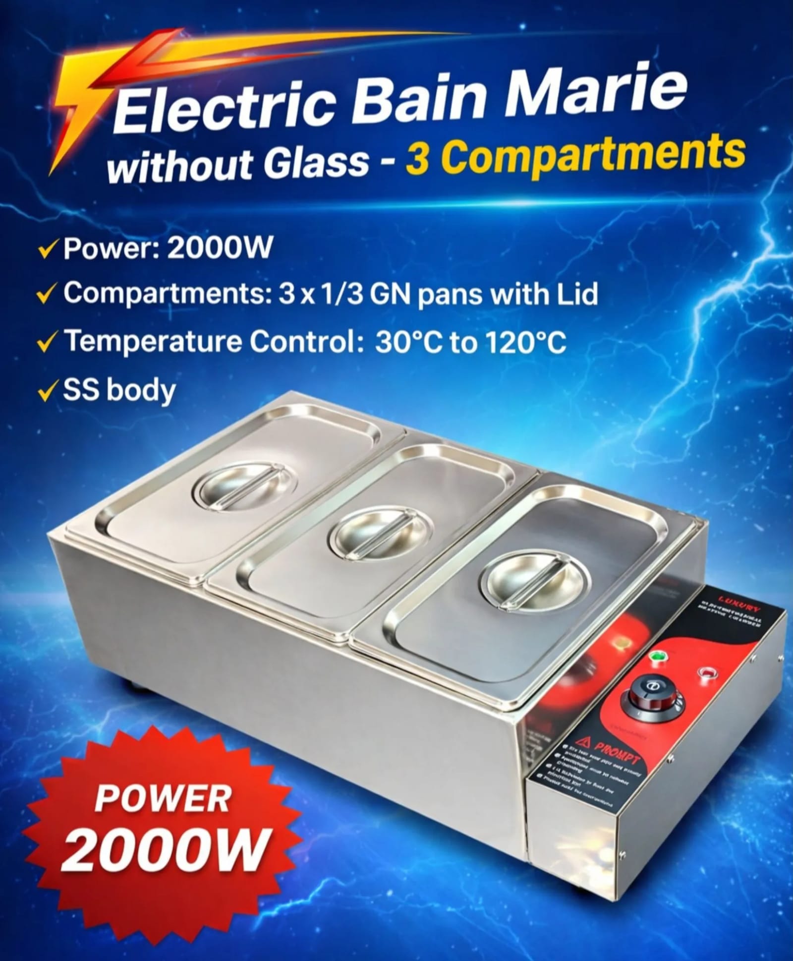 Electric Bain Marie without Glass - 3 Compartments (3 GN Pans of 1/3 150mm ~ 5.5L/Pan) — view 8