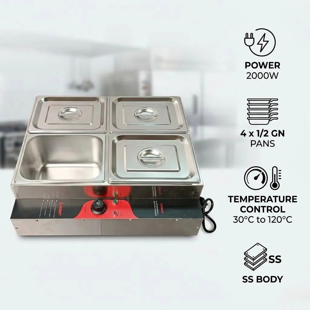 Electric Bain Marie without Glass - 4 Compartments (4 GN Pans of 1/2 150mm ~ 8.5L/Pan) — view 2