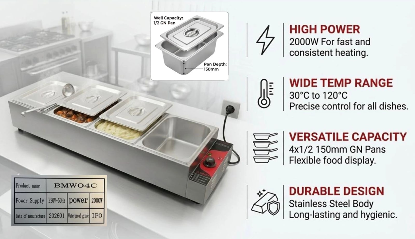 Electric Bain Marie without Glass - 4 Compartments Straight Model (4 GN Pans of 1/2 150mm ~ 8.5L/Pan) — view 4