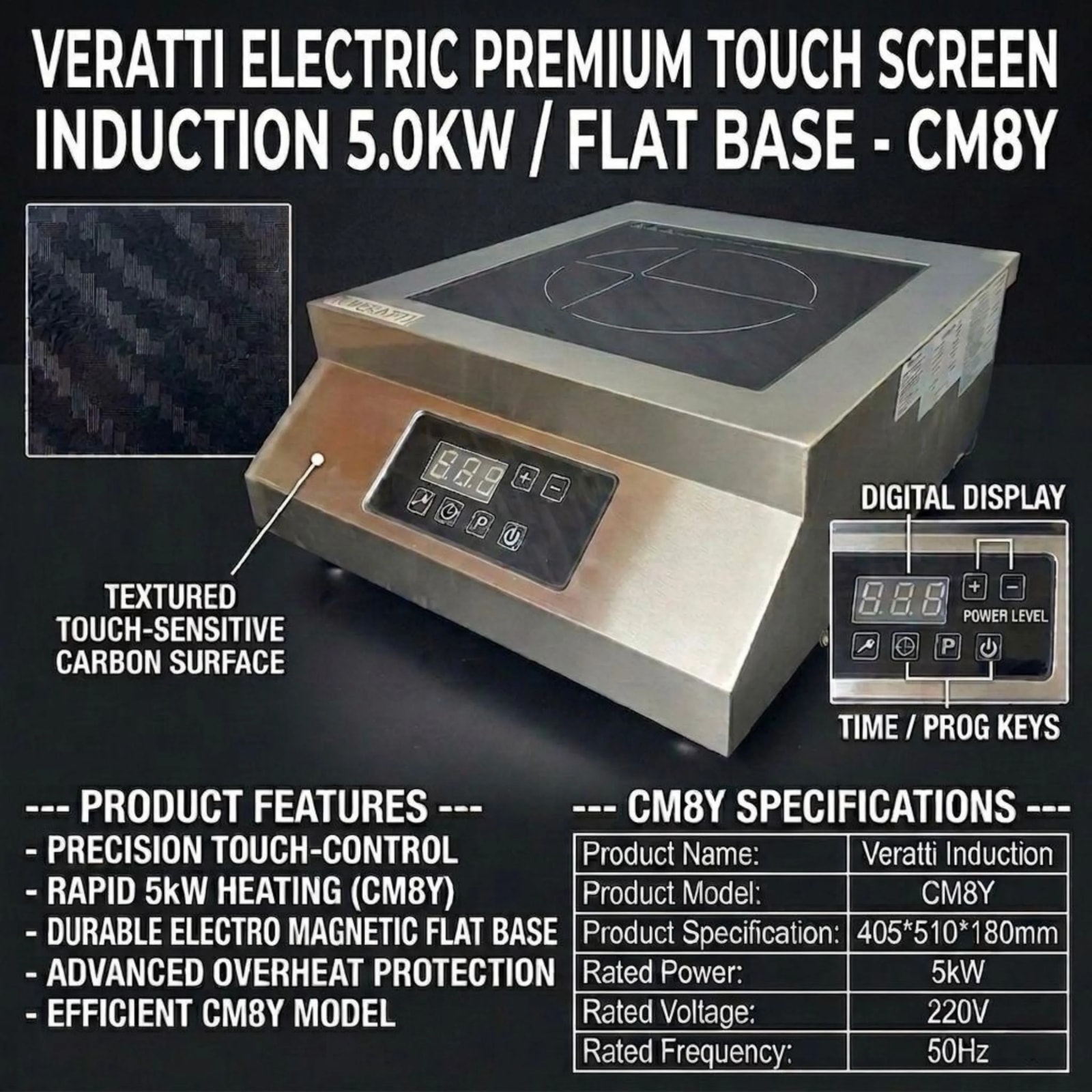 Veratti Full SS Premium Induction - CM8Y | 5000W | Square | Flat Base | Touchscreen Model — view 4