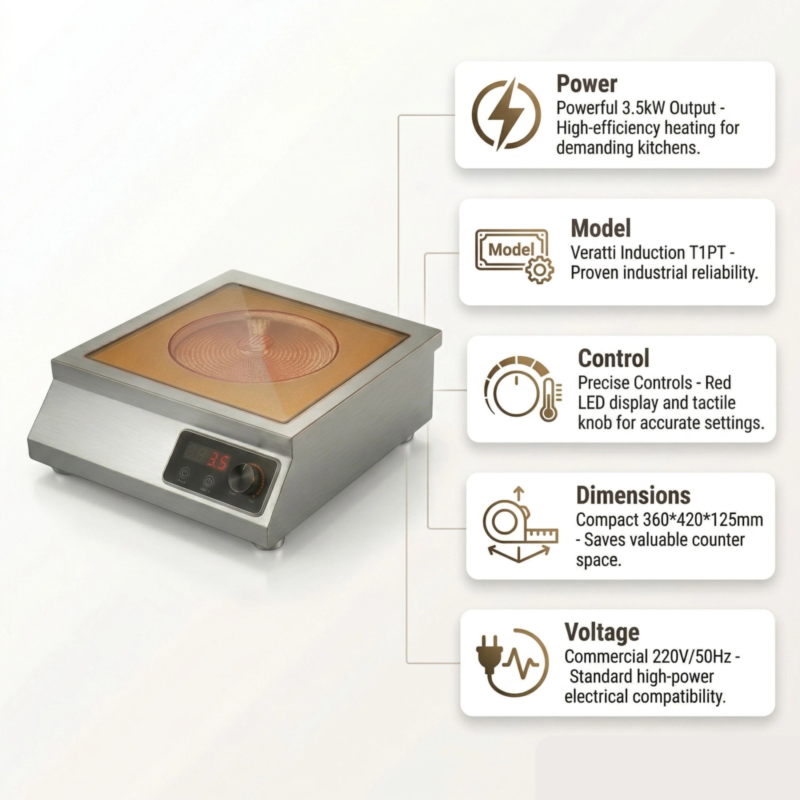 Veratti Electric Infrared Induction - T1PT | 3500W | Square | Ceramic Top | Flat Base | Touchscreen + Knob Model — view 4