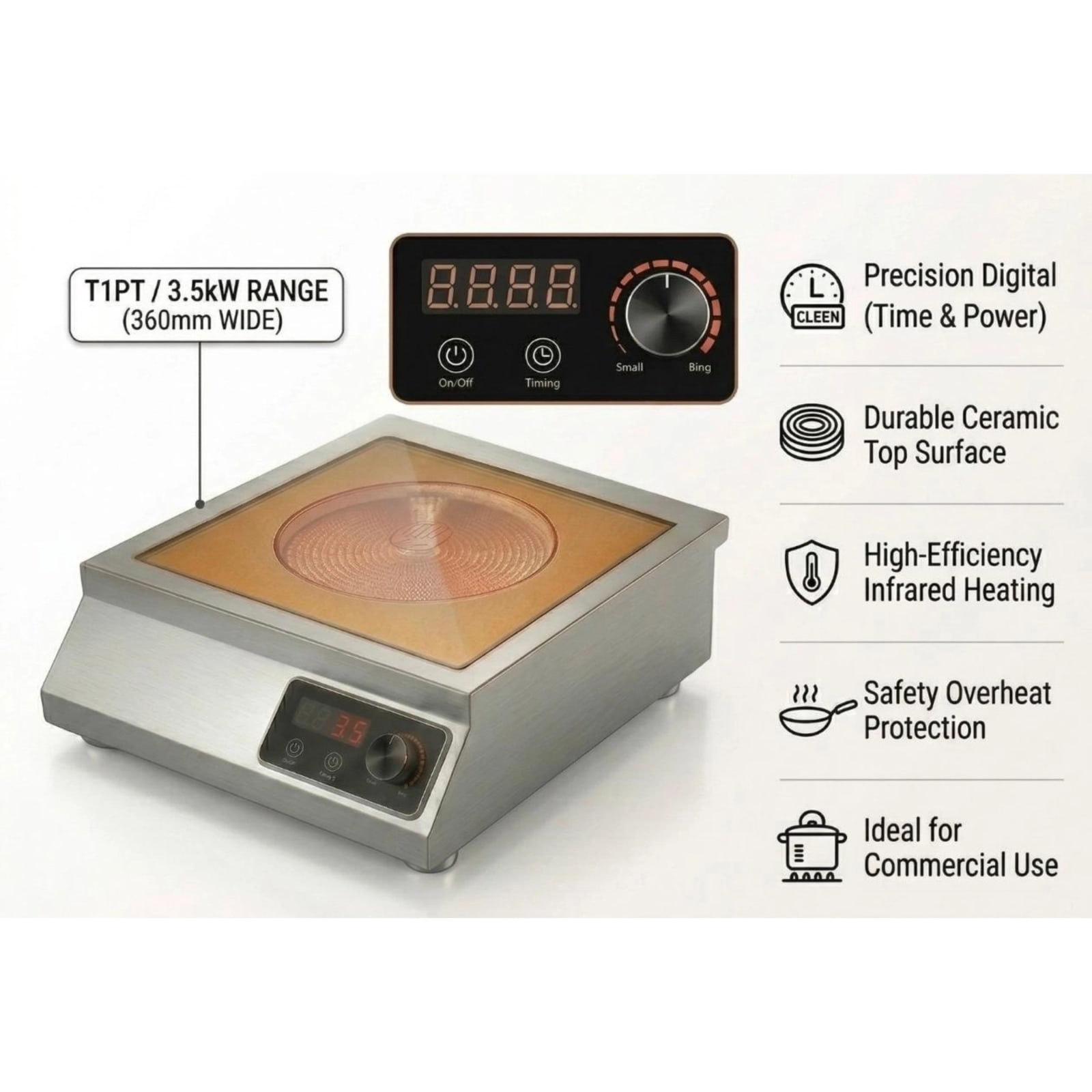 Veratti Electric Infrared Induction - T1PT | 3500W | Square | Ceramic Top | Flat Base | Touchscreen + Knob Model — view 5
