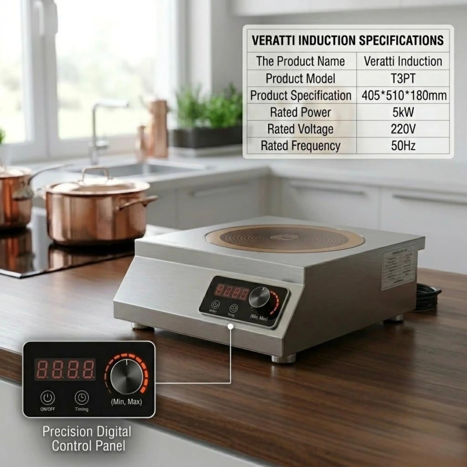 Veratti Electric Infrared Induction - T3PT | 5000W | Square | Ceramic Top | Flat Base | Touchscreen + Knob Model — view 4