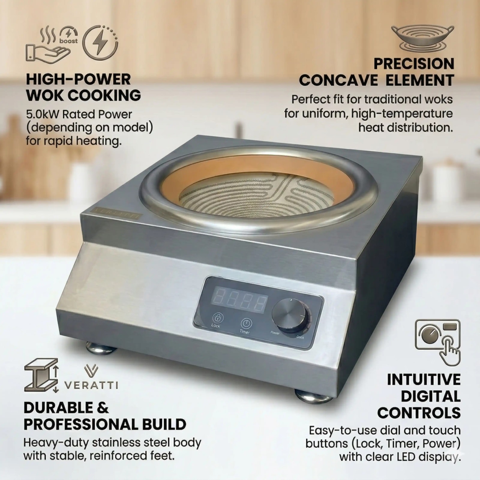 Veratti Electric Infrared Induction - T3OT | 5000W | Square | Ceramic Top | Wok Base | Touchscreen + Knob Model — view 4
