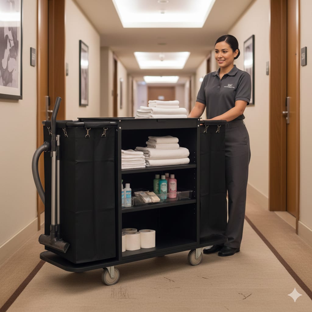 MS Black Housekeeping Trolley - Full Size with Two Sided Plain Bags — view 3