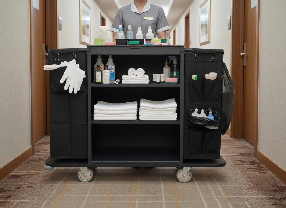MS Black Housekeeping Trolley - Full Size with Two Sided Bags (1 Side Plain + 1 Side with Pockets) — view 3