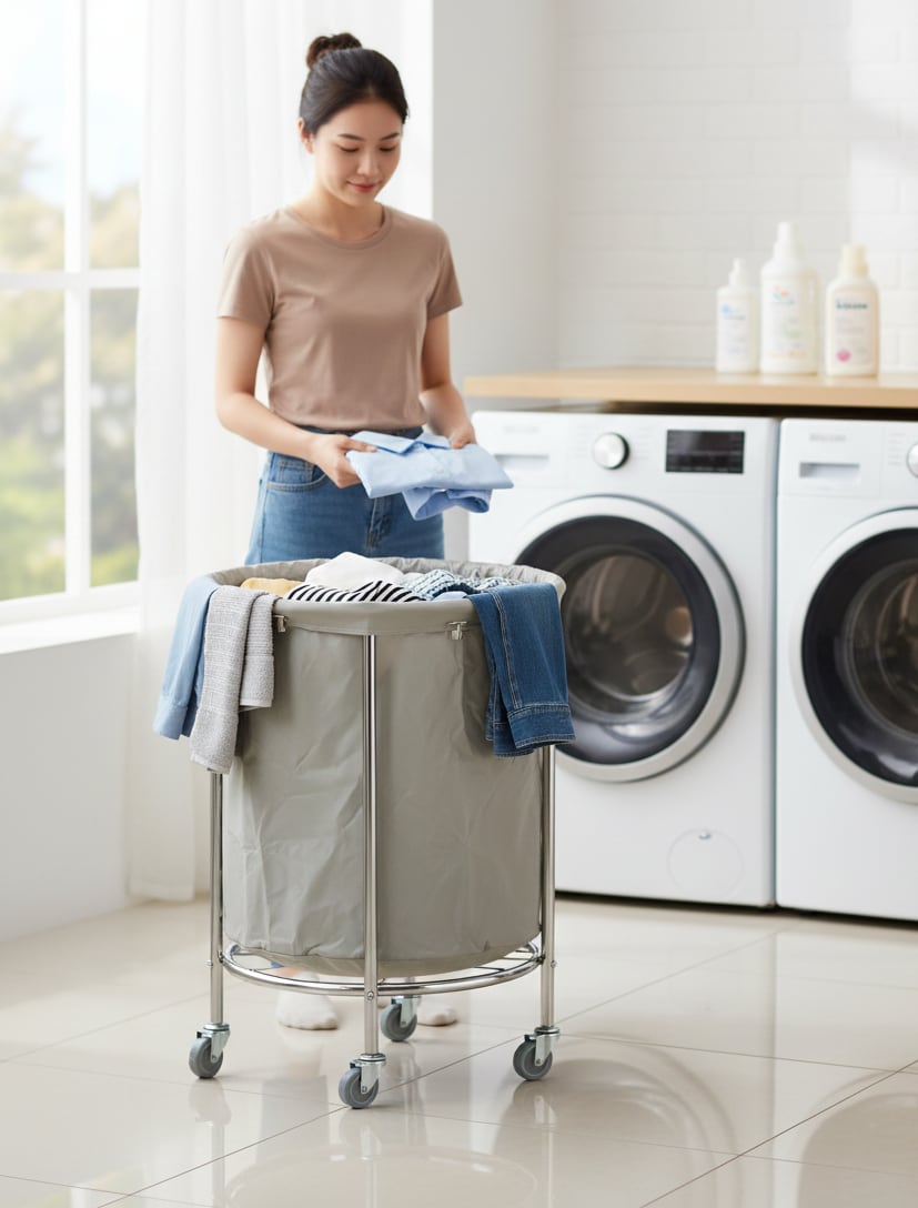 SS Round Laundry Trolley with Linen Bag — view 3