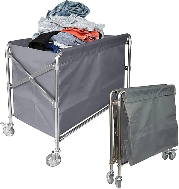 SS Collapsible & Foldable Rectangle Laundry Trolley with Linen Bag — view 3