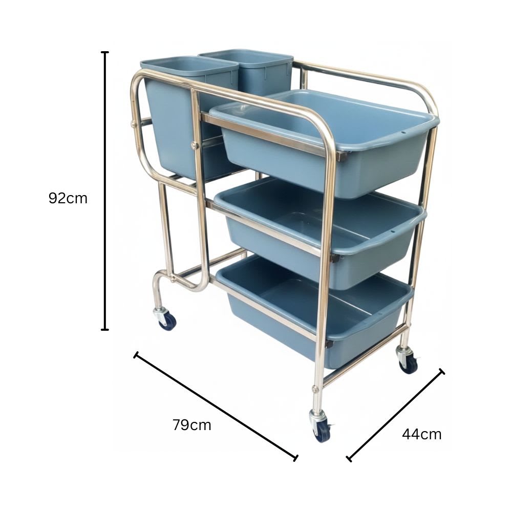 SS 3 Layer Service Trolley with 3 Trays & 2 Bins — view 2