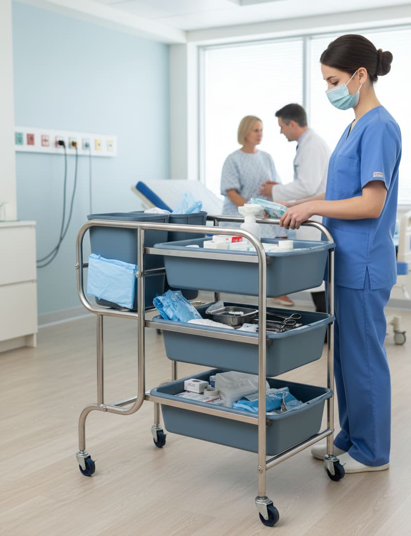 SS 3 Layer Service Trolley with 3 Trays & 2 Bins — view 3