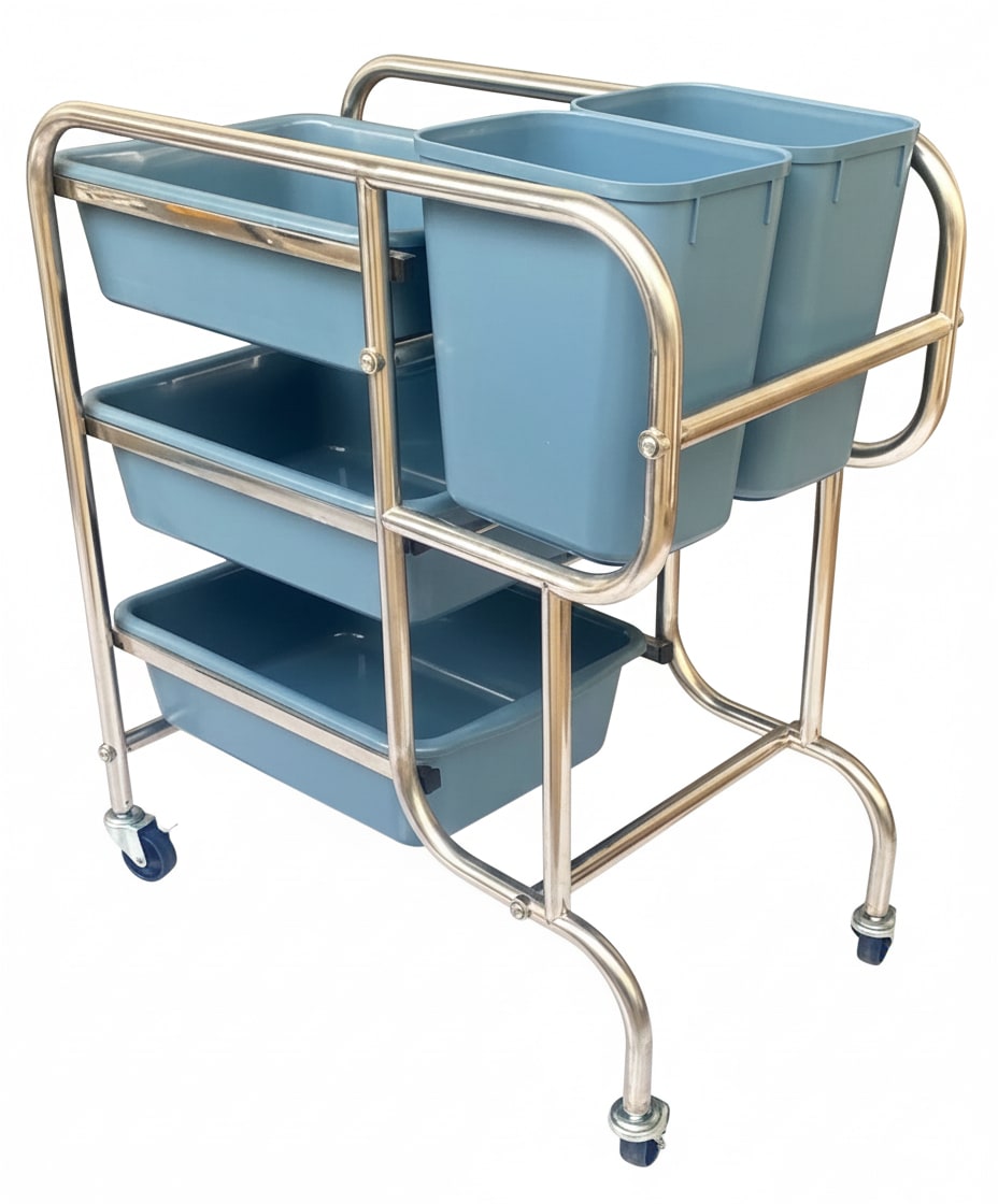 SS 3 Layer Service Trolley with 3 Trays & 2 Bins — view 4