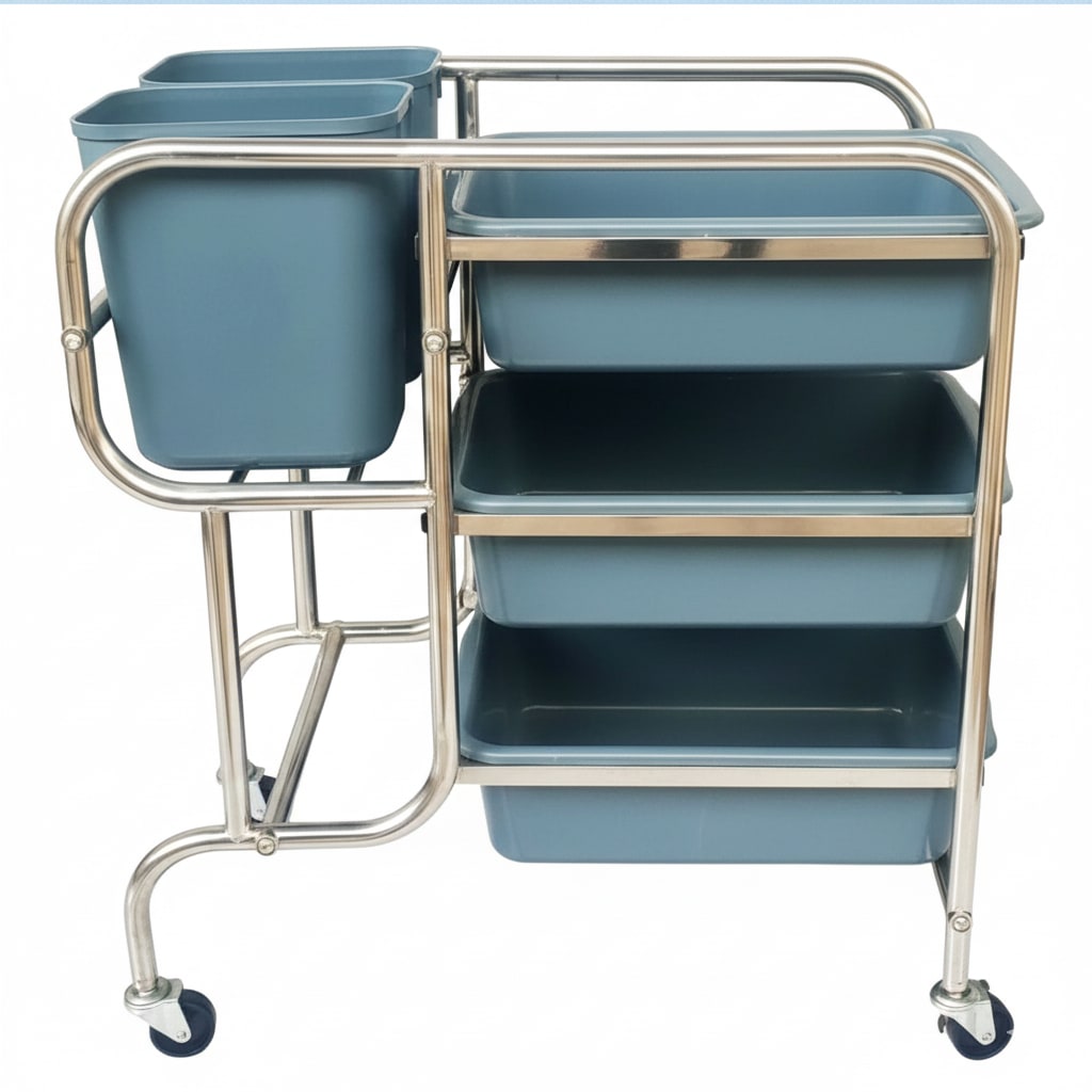 SS 3 Layer Service Trolley with 3 Trays & 2 Bins — view 5