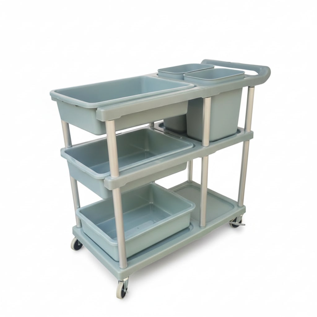 ABS Plastic 3 Layer Service Trolley with 3 Trays & 2 Bins & Base Support Fibre Plates