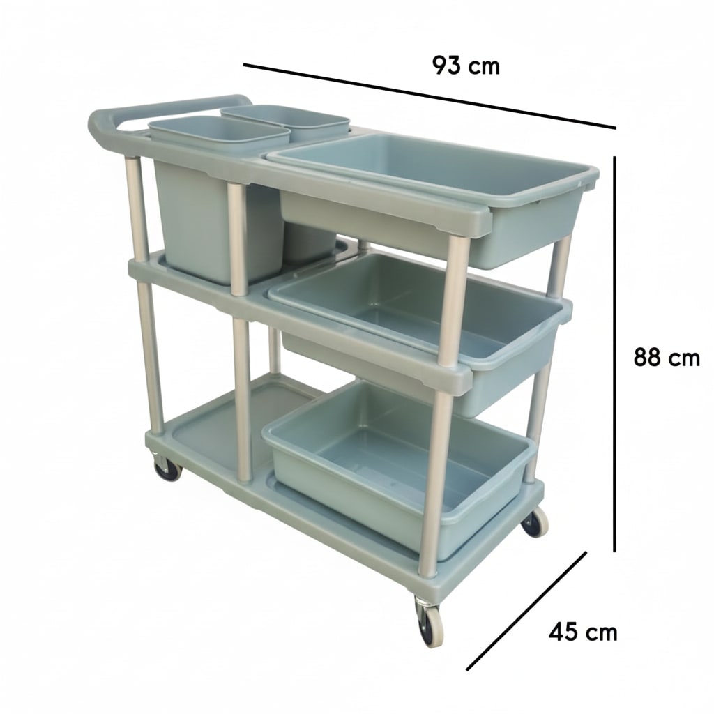 ABS Plastic 3 Layer Service Trolley with 3 Trays & 2 Bins & Base Support Fibre Plates — view 2