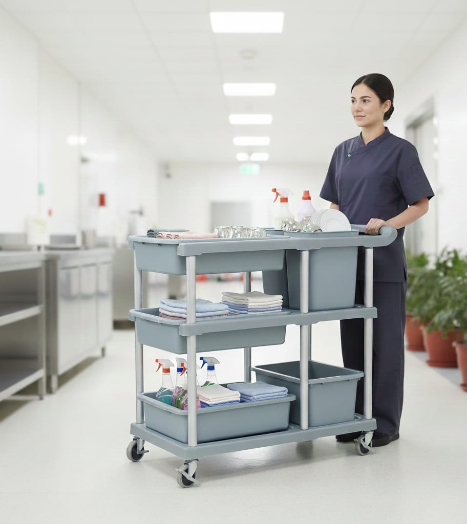 ABS Plastic 3 Layer Service Trolley with 3 Trays & 2 Bins & Base Support Fibre Plates — view 3
