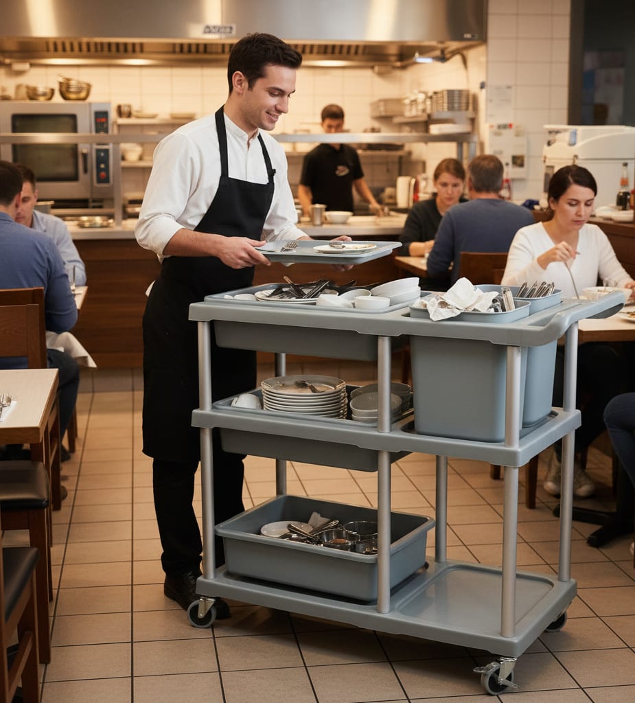 ABS Plastic 3 Layer Service Trolley with 3 Trays & 2 Bins & Base Support Fibre Plates — view 4
