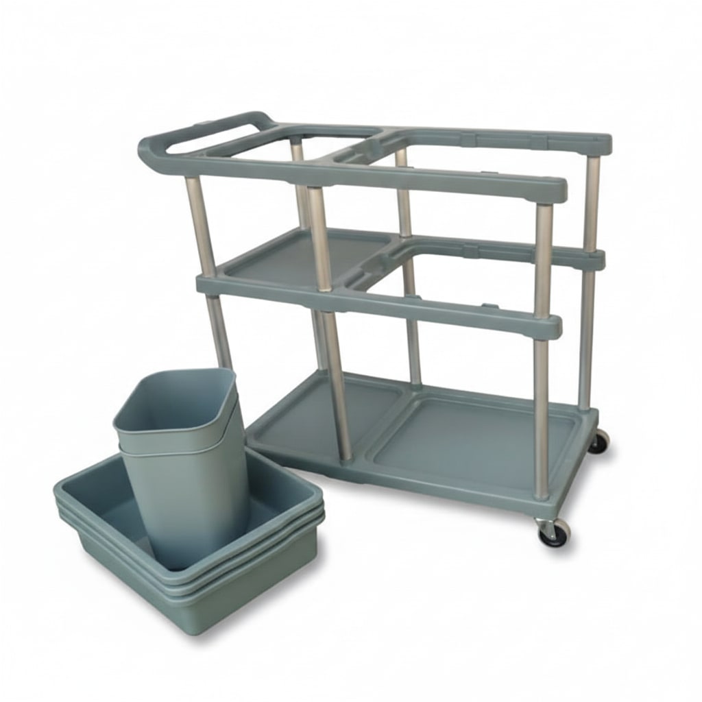 ABS Plastic 3 Layer Service Trolley with 3 Trays & 2 Bins & Base Support Fibre Plates — view 5