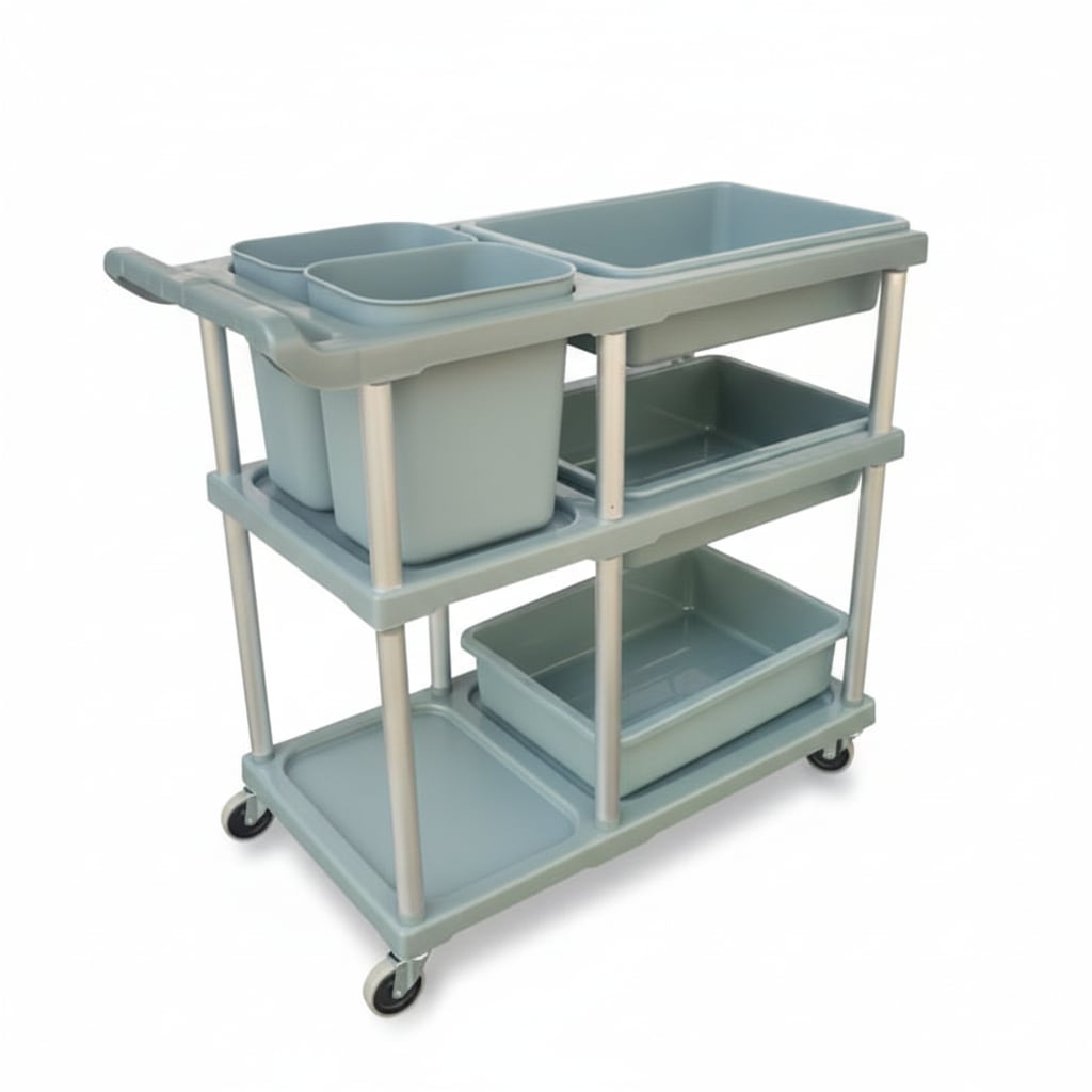 ABS Plastic 3 Layer Service Trolley with 3 Trays & 2 Bins & Base Support Fibre Plates — view 6