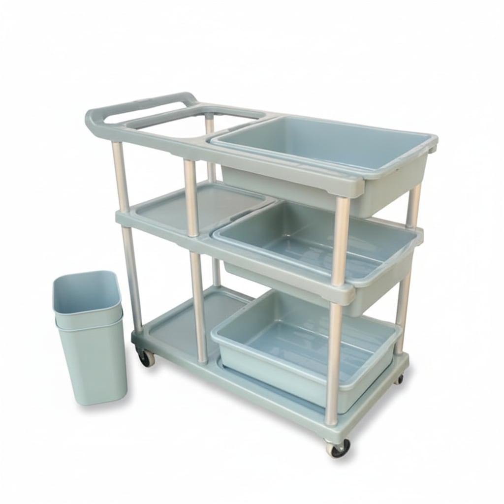 ABS Plastic 3 Layer Service Trolley with 3 Trays & 2 Bins & Base Support Fibre Plates — view 7