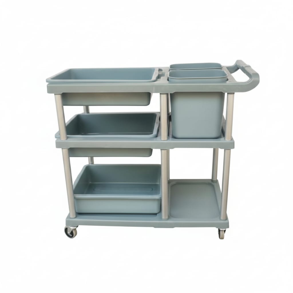 ABS Plastic 3 Layer Service Trolley with 3 Trays & 2 Bins & Base Support Fibre Plates — view 8