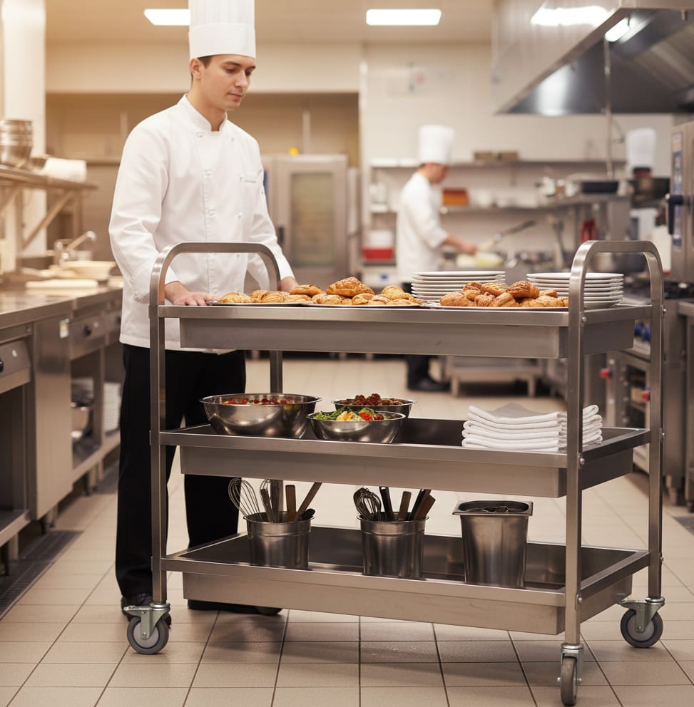 SS Rectangle 3 Layer Service Trolley with Extra Depth Trays — view 3