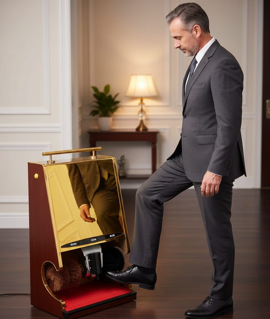 Electric Tall Shoe Polish Machine with Heavy Back Board & Mirror Finish - Gold — view 3