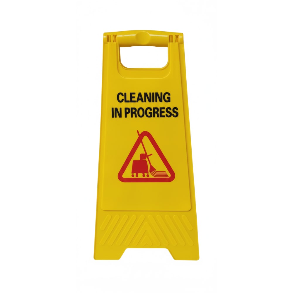 Virgin Plastic Yellow Sign Board with Double Sided Text - "Cleaning in Progress"