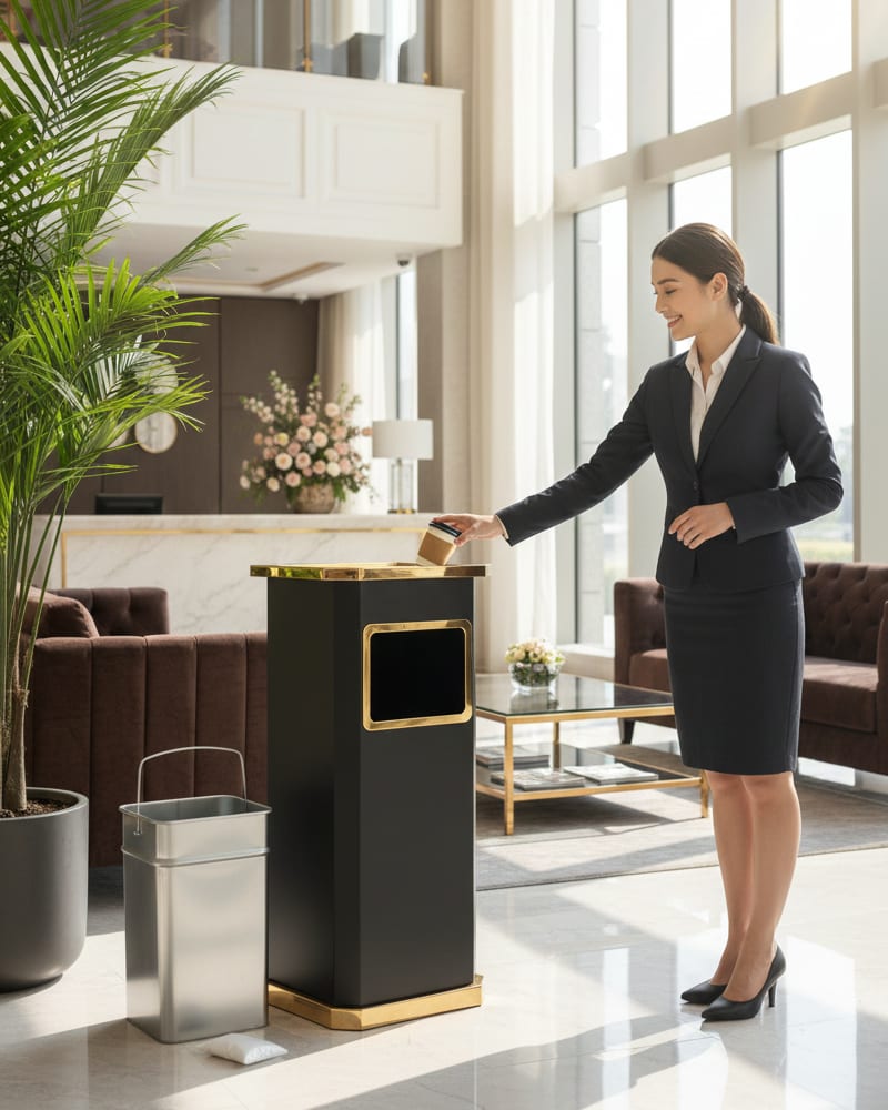 Black & Golden SS Ash + Trash Bin with Inner Storage Bucket — view 3