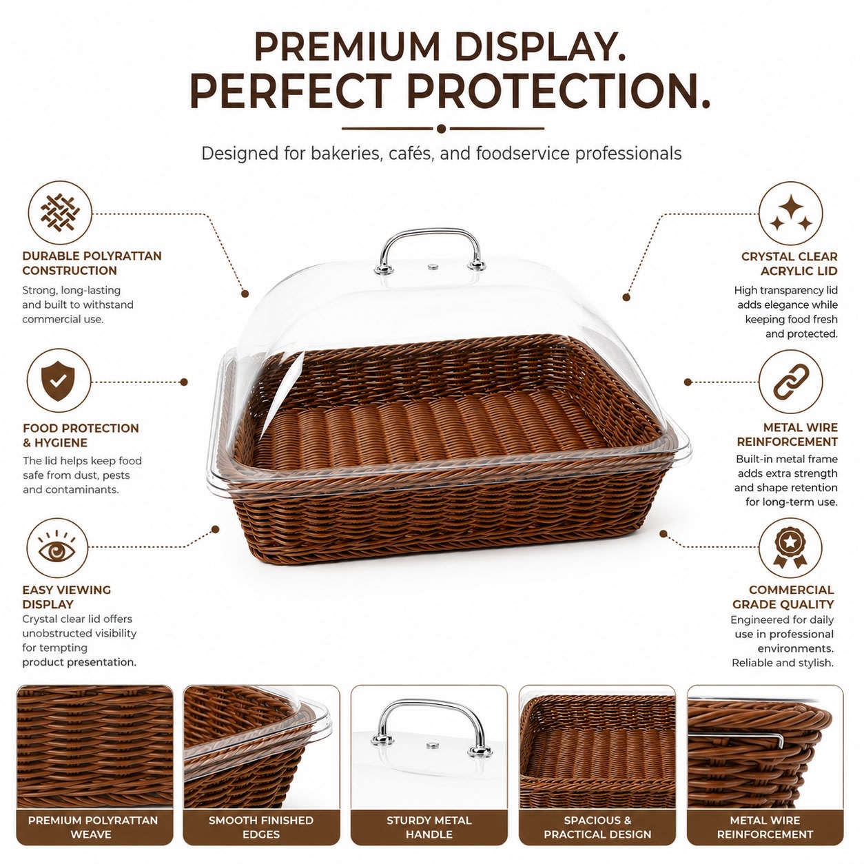 Heavy Rectangle Shaped Polyrattan Basket with Acrylic Lid & Metal Wire 32x25x8cm - Walnut Brown — view 3