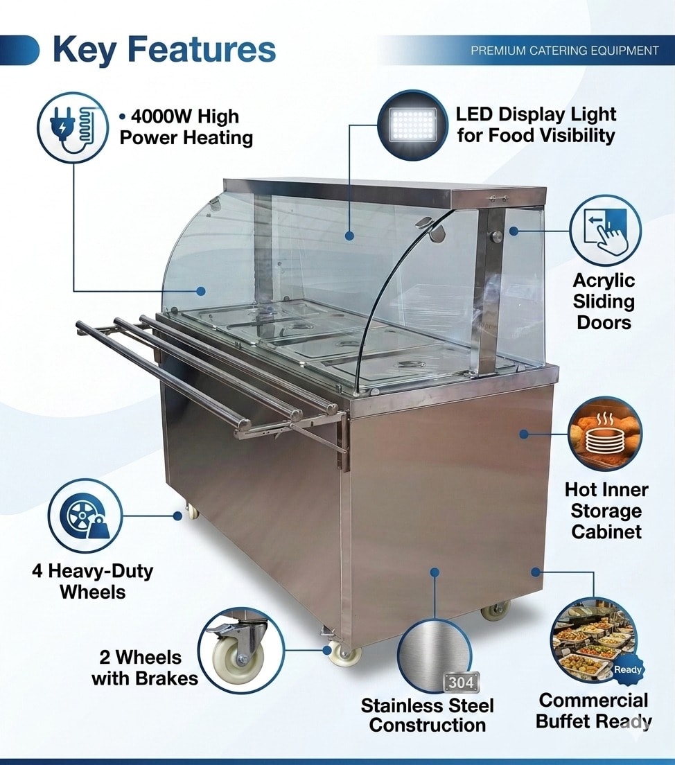Premium 4000W Electric HOT Bain Marie Ready Counters with LED Light - Acrylic Sliding Door | Hot Inner Cabinets | 4 Wheels (2 With & 2 Without Brakes) | Wooden Packing for Glass | (GN Pans of 1/1 150mm) — view 4
