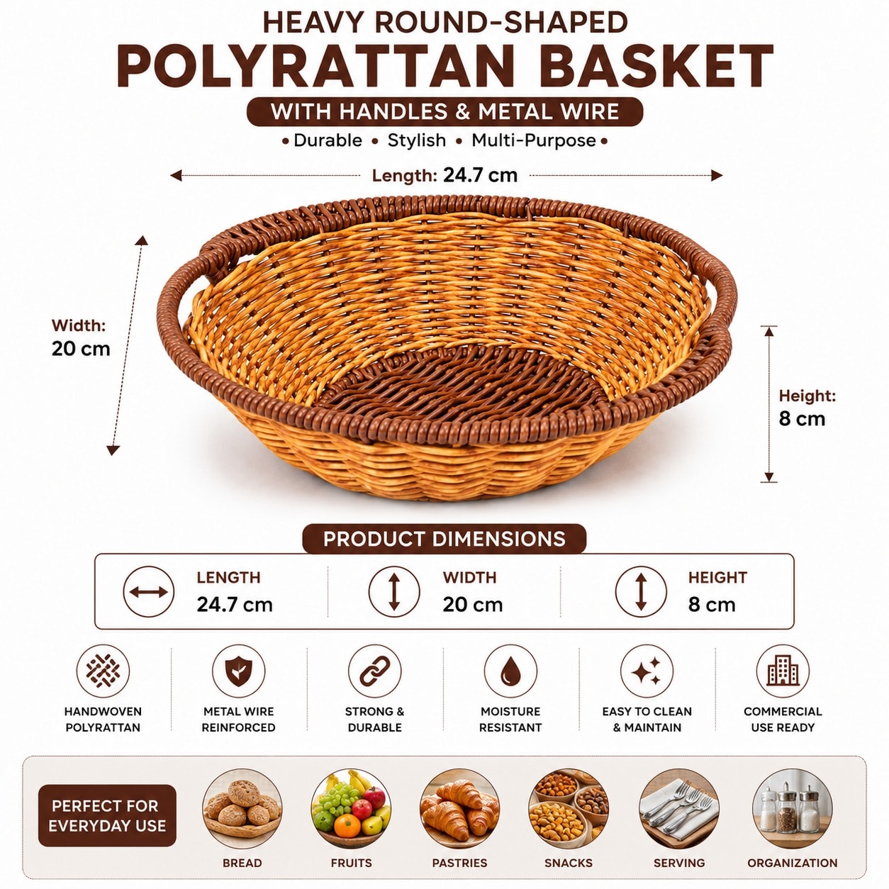 Heavy Round Shaped Polyrattan Basket with Handles & Metal Wire - 20x8cm — view 7