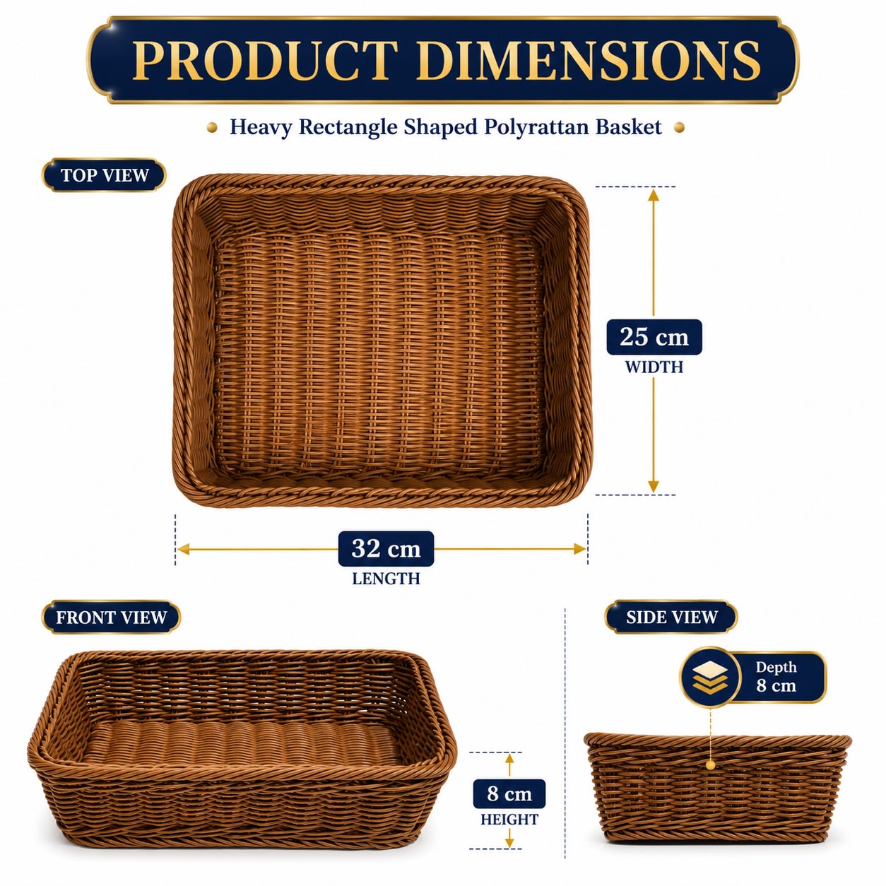 Heavy Rectangle Shaped Polyrattan Basket (1/2 Half Size) & Metal Wire 32x25x8cm - Walnut Brown — view 2