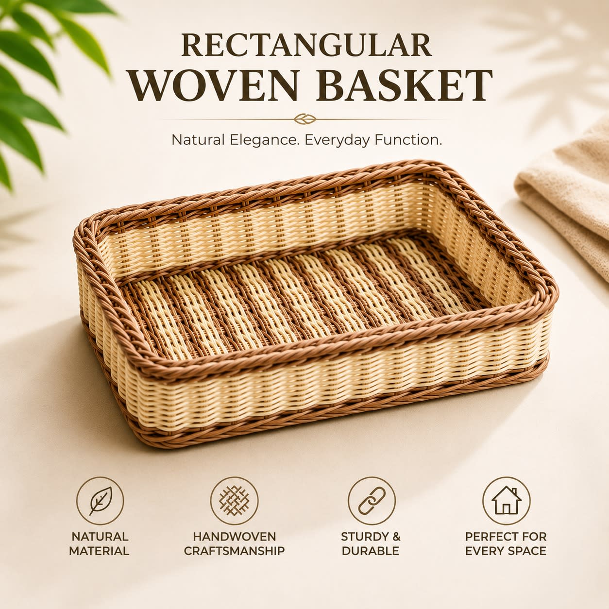 Heavy Rectangle Shaped Polyrattan Basket with Metal Wire - 53x32x9cm