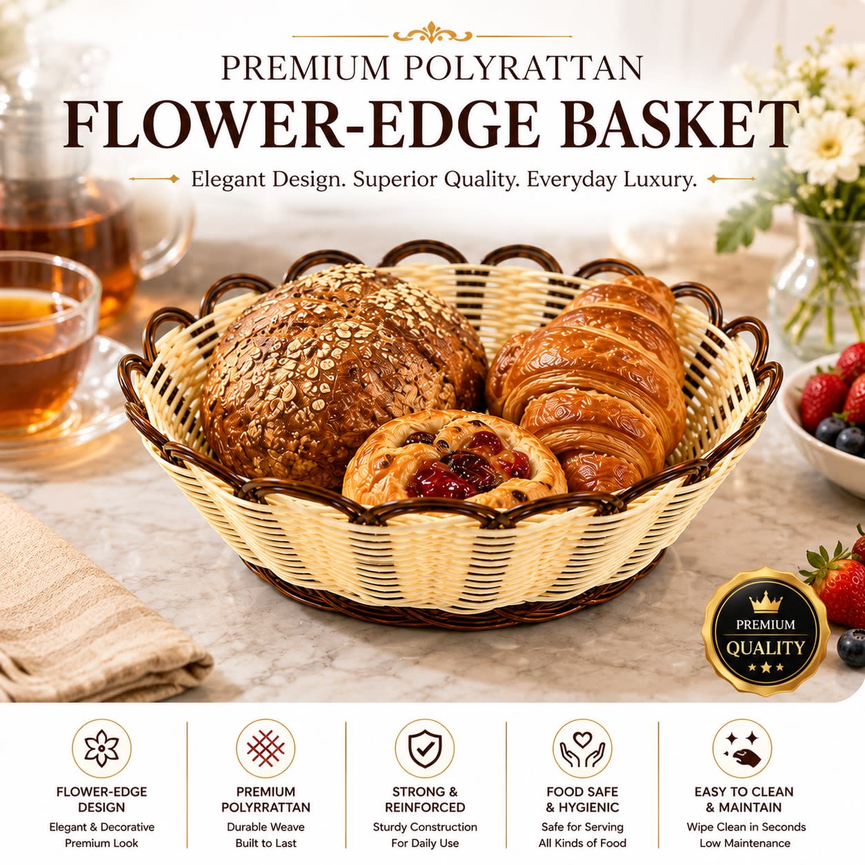 Heavy Round Shaped Polyrattan Basket with Flower Shaped Edges & Metal Wire - 20x7cm