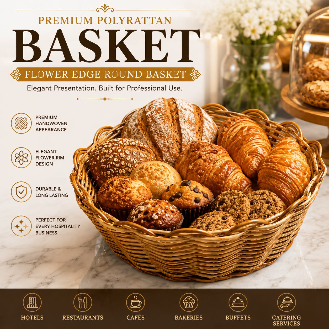 Heavy Round Shaped Polyrattan Basket with Flower Shaped Edges & Metal Wire - 16x7cm