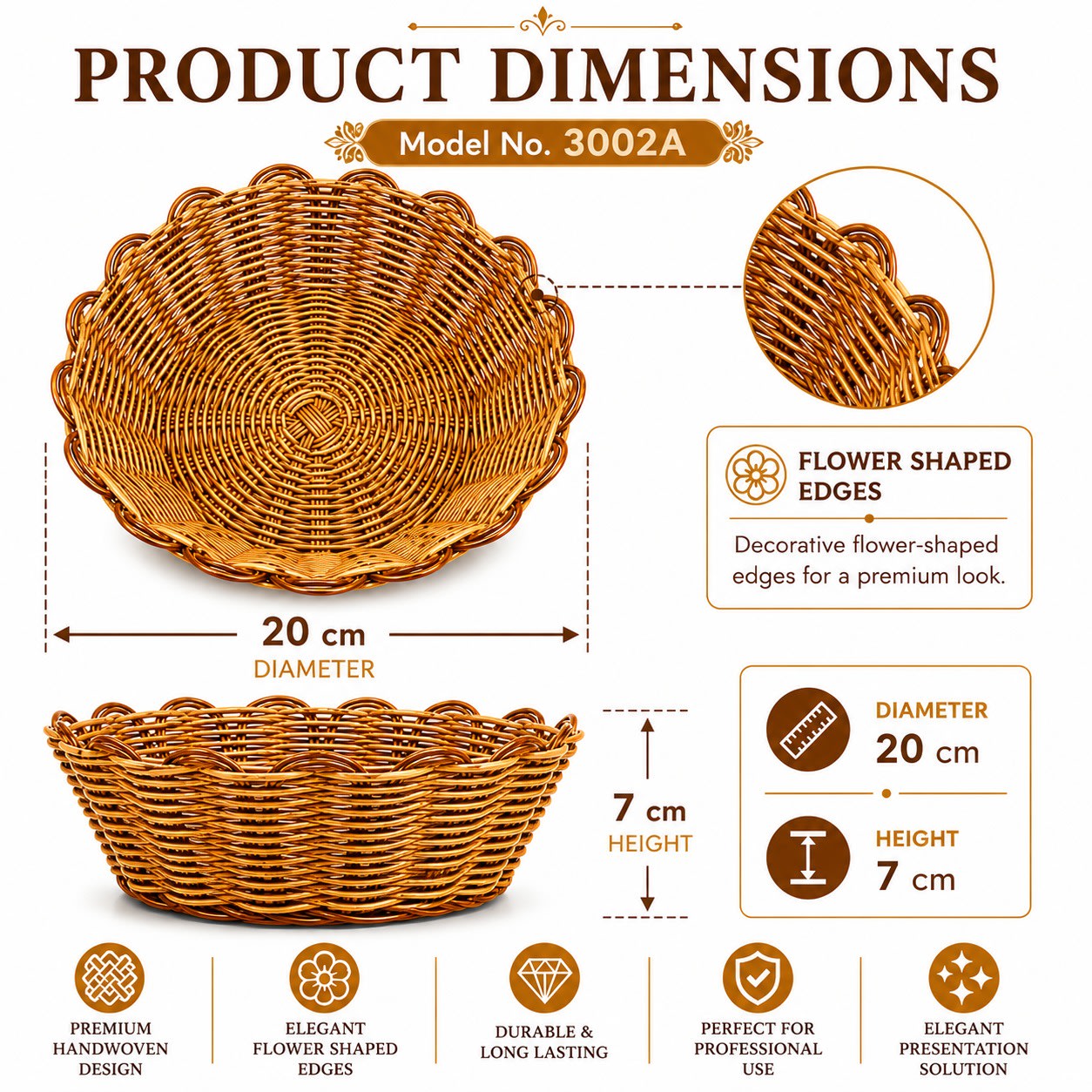 Heavy Round Shaped Polyrattan Basket with Flower Shaped Edges & Metal Wire - 20x7cm — view 2