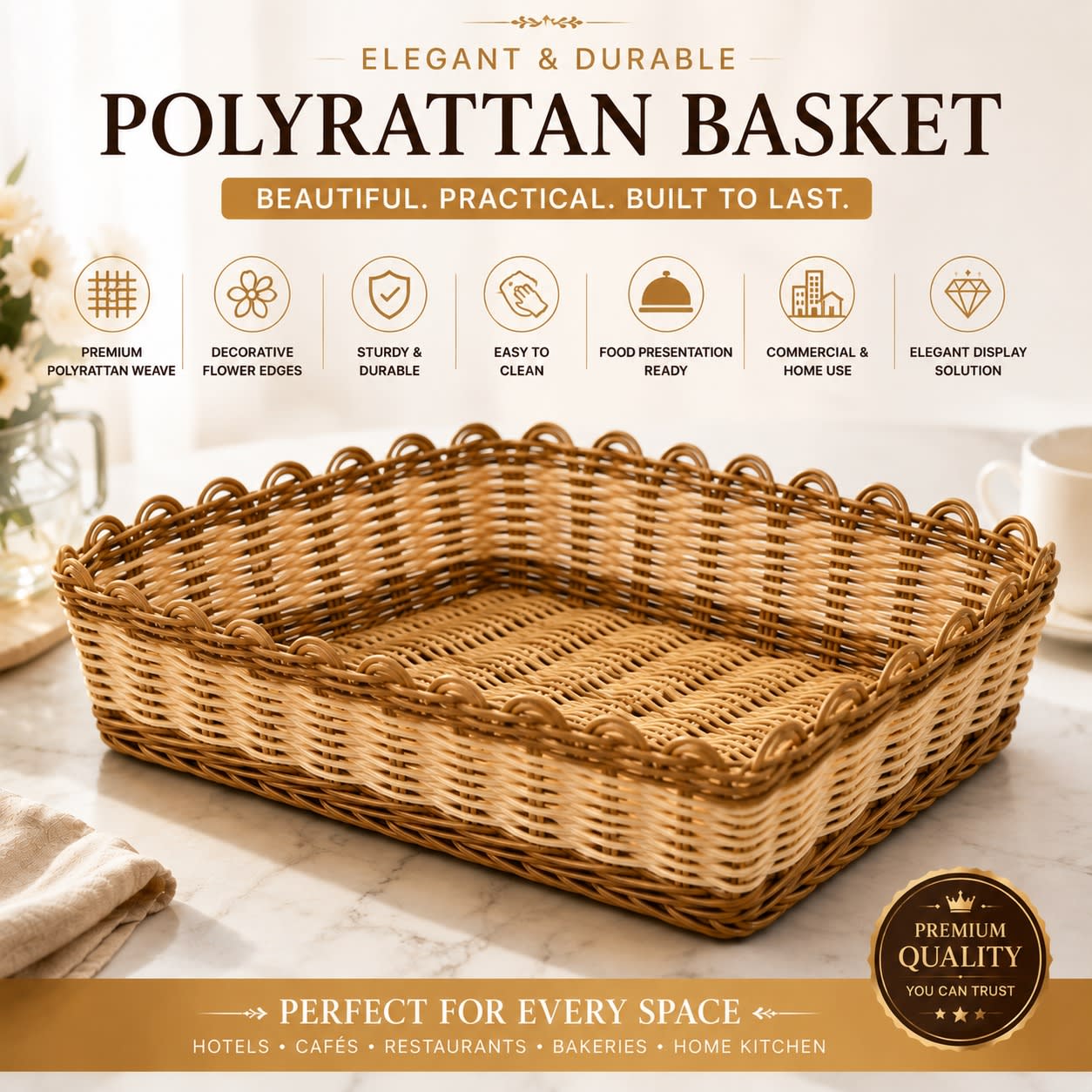 Heavy Rectangle Shaped Polyrattan Basket with Flower Shaped Edges & Metal Wire - 30x21.6x6.5cm