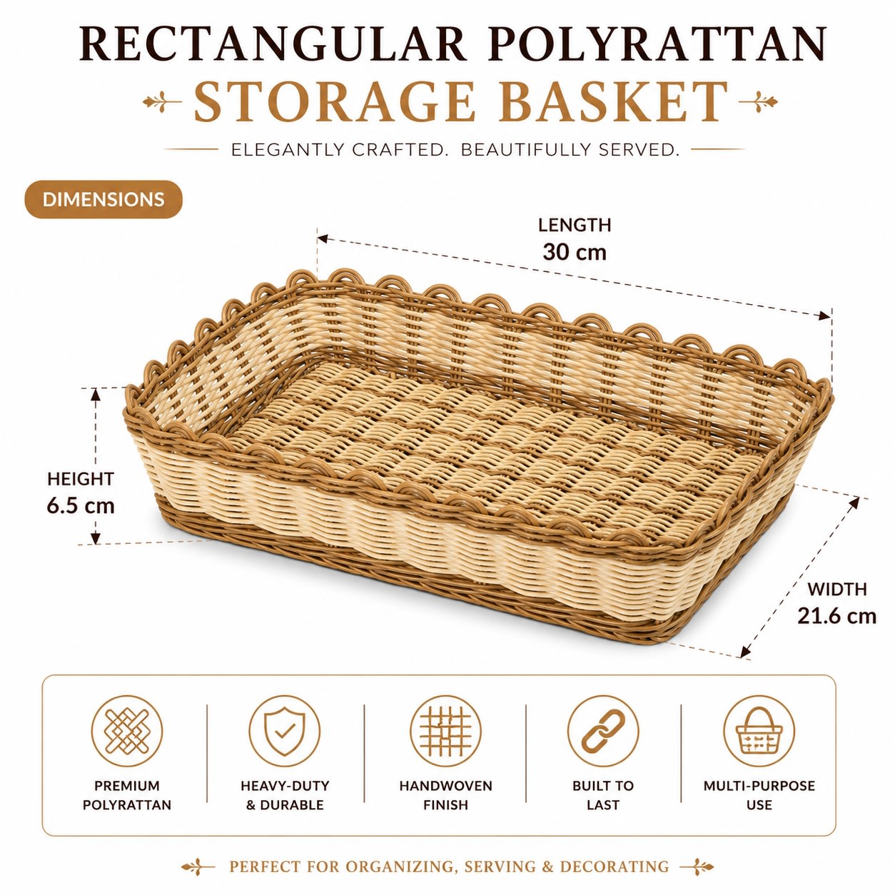 Heavy Rectangle Shaped Polyrattan Basket with Flower Shaped Edges & Metal Wire - 30x21.6x6.5cm — view 6