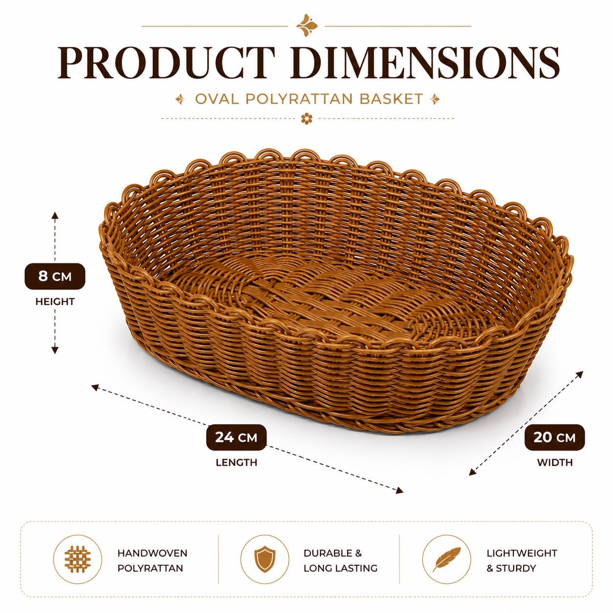 Heavy Oval Shaped Polyrattan Basket with Flower Edges & Metal Wire - 24x20x8cm — view 6