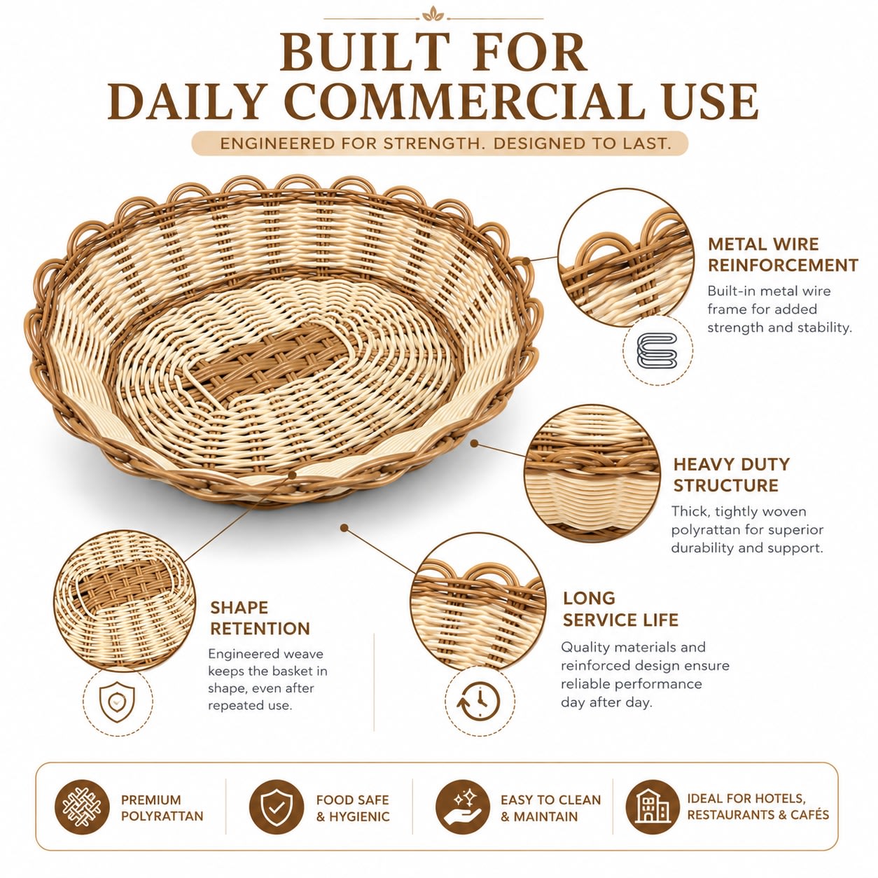 Heavy Oval Shaped Polyrattan Basket with Flower Edges & Metal Wire - 24x20x8cm — view 7