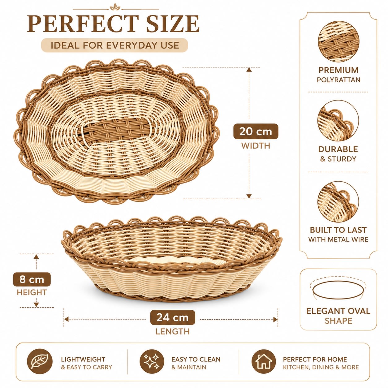 Heavy Oval Shaped Polyrattan Basket with Flower Edges & Metal Wire - 24x20x8cm — view 8
