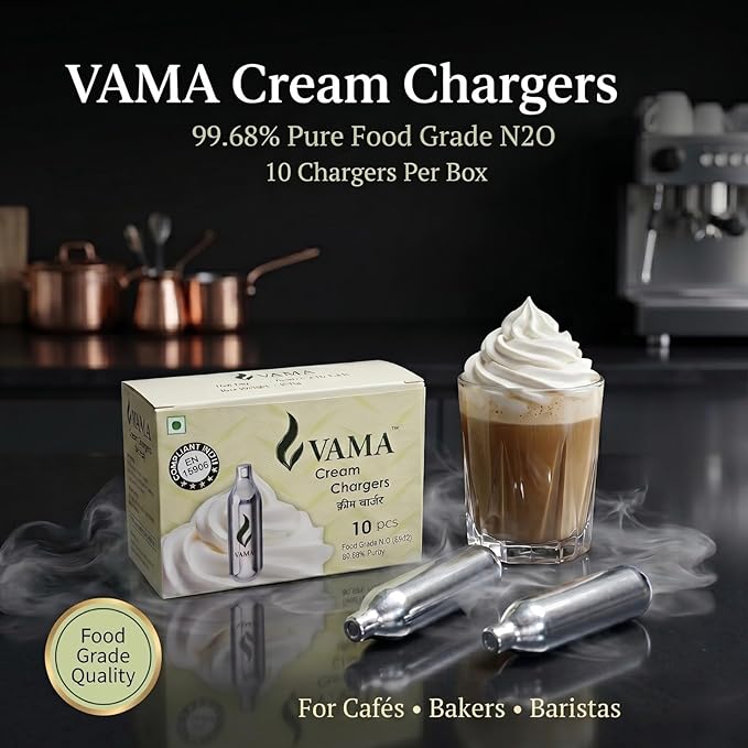 VAMA SS 8g N2O Cream Chargers for Cream Whipper | 99.6% Pure | FSSAI Certified (10 pcs/box)