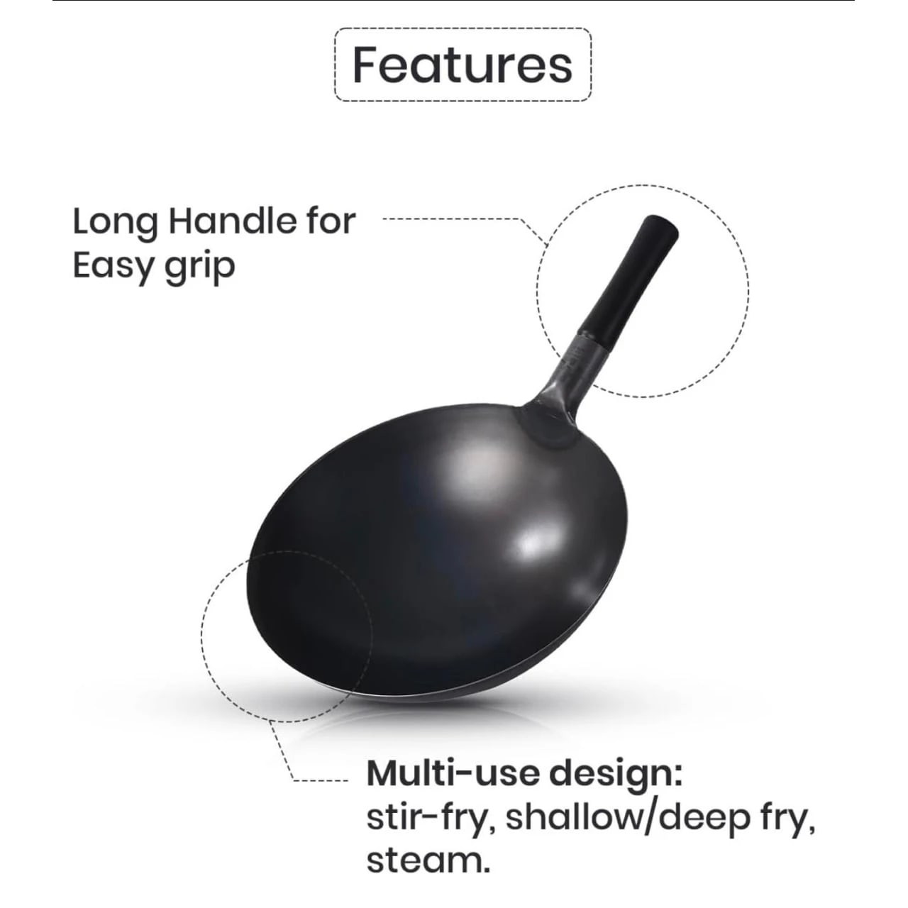 Black Handle Metal Wok witth Ultra Heavy Rubber Grip — view 4