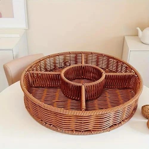 AD3 Heavy Round Shaped Polyrattan Basket with 5 Compartments & Metal Wire 37x6.5cm - Walnut Brown — view 5