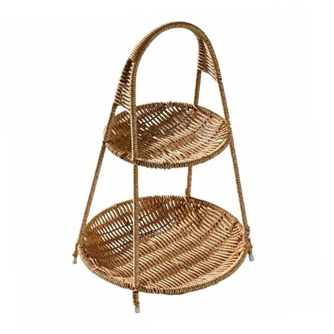 No.20 Heavy Round Shaped Polyrattan Basket 2 Layer with Handle & Metal Wire 23x39cm - Walnut Brown