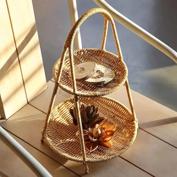 No.20 Heavy Round Shaped Polyrattan Basket 2 Layer with Handle & Metal Wire 23x39cm - Walnut Brown — view 6